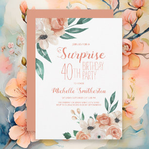 Convite Surpresa Floral Aquarela Pêssego 40º Aniversário