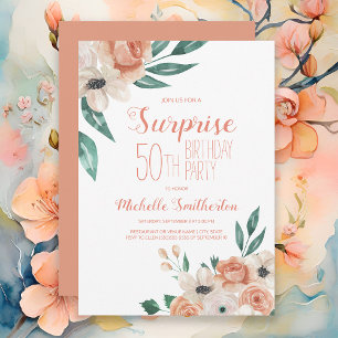 Convite Surpresa Floral Aquarela Pêssego 50º Aniversário