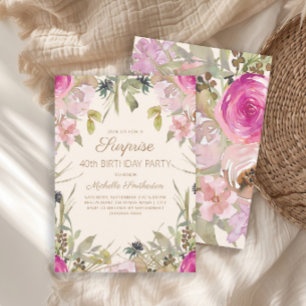 Convite Surpresa Floral Aquarela Rosa 40º Aniversário
