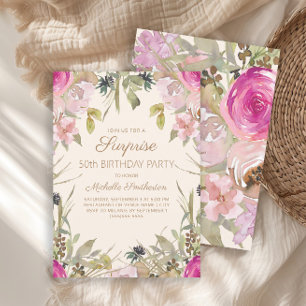 Convite Surpresa Floral Aquarela Rosa 50º Aniversário