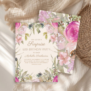 Convite Surpresa Floral Aquarela Rosa de 60 Anos