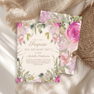 Convite Surpresa Floral Aquarela Rosa de 80 Anos