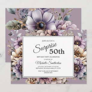Convite Surpresa Floral Bege Creme Roxo 50º Aniversário