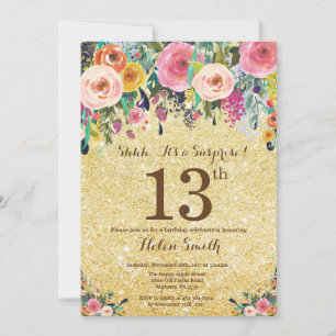 Convite Surpresa Floral Brilho Dourado 13º Aniversário