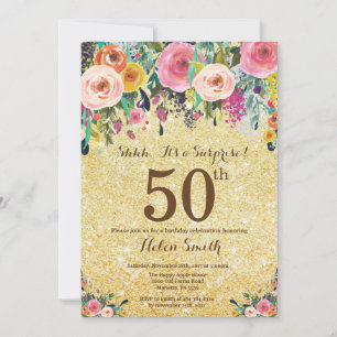 Convite Surpresa Floral Brilho Dourado 50º Aniversário