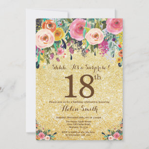 Convite Surpresa Floral Brilho Dourado Aniversário de 18 a