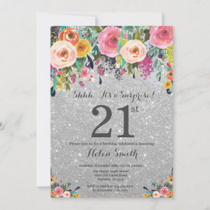 Convite Surpresa Floral com Brilho Prateado para Aniversár