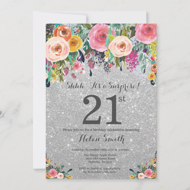 Convite Surpresa Floral com Brilho Prateado para Aniversár (Frente)