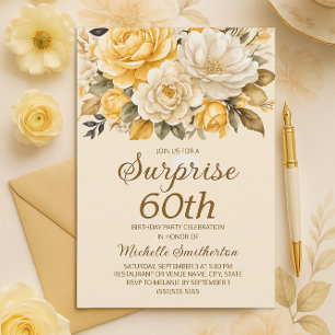 Convite Surpresa Floral Creme Marfim Amarelo Elegante 60º