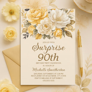 Convite Surpresa Floral Creme Marfim Amarelo Elegante 90