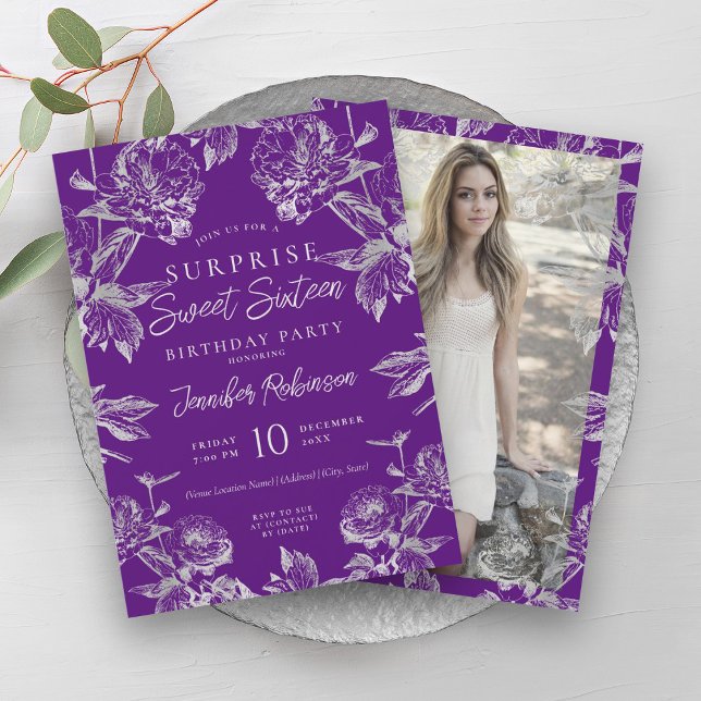 Convite Surpresa Floral de Prata Roxa 16 (Purple Silver Floral Photo SURPRISE Sweet 16 Invitation)