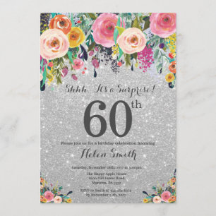 Convite Surpresa Floral de Silver Glitter 60º Aniversário