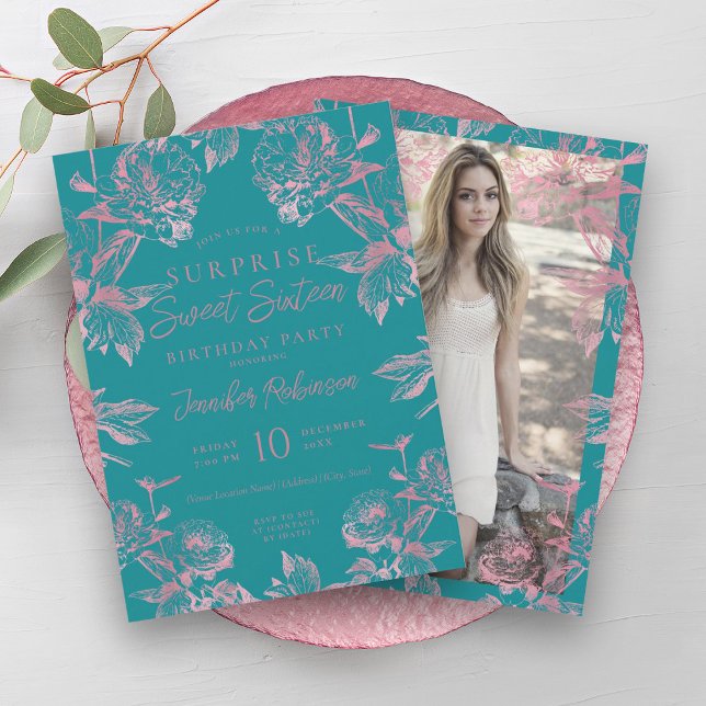 Convite SURPRESA FLORAL Dourada Turquesa Rosa Doce 16 (Turquoise Rose Gold Floral SURPRISE Sweet 16 Invitation)