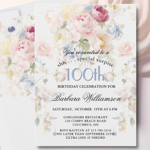 Convite SURPRESA Floral Pintada Elegante 100º Aniversário