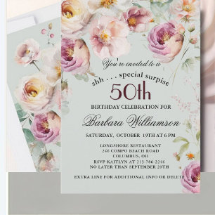 Convite Surpresa Floral Pintada Elegante de 50º Aniversári