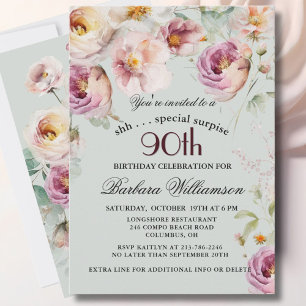 Convite Surpresa Floral Pintada Elegante de 90 Anos