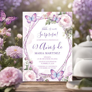 Convite Surpresa Floral Pó Roxo Espanhol Aniversário de 60