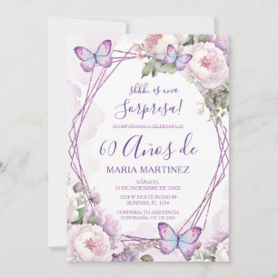 Convite Surpresa Floral Pó Roxo Espanhol Aniversário de 60