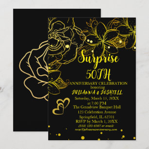 Convite Surpresa Floral Preta Dourada 50º Aniversário de O
