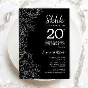 Convite Surpresa Floral Preto e Branco 20º Aniversário