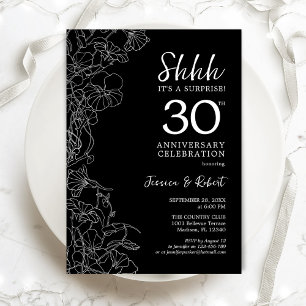Convite Surpresa Floral Preto e Branco 30º Aniversário