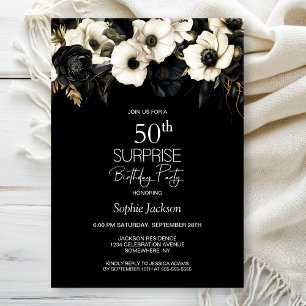 Convite Surpresa Floral Preto e Branco para Aniversário de