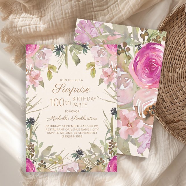 Convite Surpresa Floral Púrpura Rosa 100º Aniversário (Elegant pink watercolor floral and sage green leaves Surprise 100th birthday party invitation)