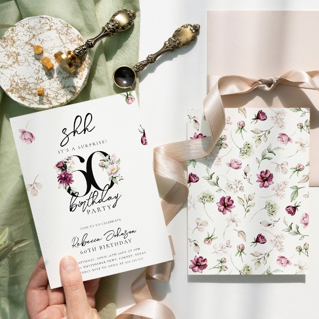 Convite Surpresa Floral Rosa 60ª Festa de aniversário (Criador carregado)