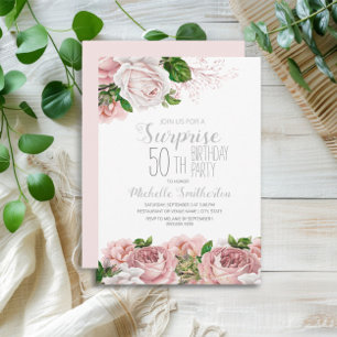 Convite Surpresa Floral Rosa Corado de 50 Anos de Idade