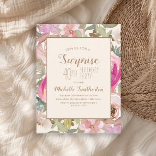Convite Surpresa Floral Rosa Suave Roxo Aniversário de 40