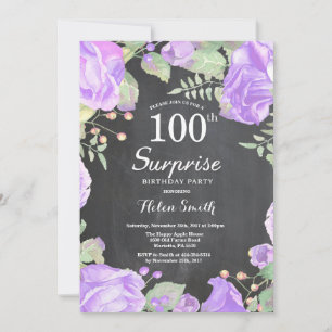 Convite Surpresa Floral Roxa Botânica para 100º Aniversári