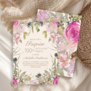 Convite Surpresa Floral Roxo Rosa de 100º Aniversário