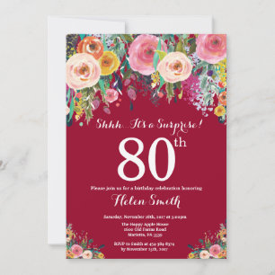 Convite Surpresa Floral Vermelha Borgonha para 80º Anivers