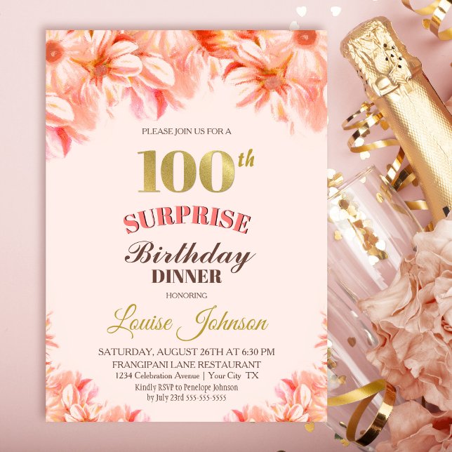 Convite Surpresa Jantar Floral Rosa Dourado de 100 Anos (Criador carregado)