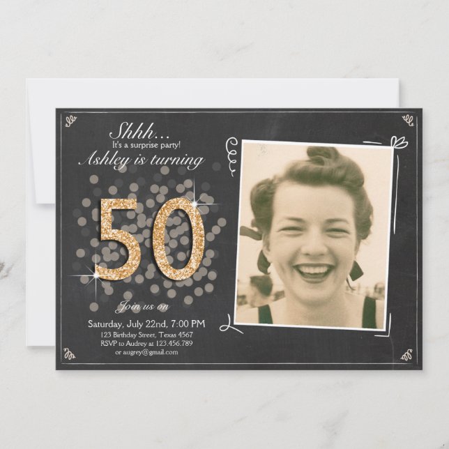 Convite surpresa para 50 anos Chalkboard vintage (Frente)