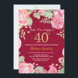 Convite Surpresa Ploral aniversário de 40 anos Dourado Ver<br><div class="desc">Convite para aniversário de 40 anos de Surpresa Floral para Mulheres. Flor Botânica De Aquarela Dourada Glitter. Flores Florais De Pêonias Rosa. Aniversário Adulto. Fundo Vermelho Burgundy. Para mais personalização,  clique no botão "Personalizar" e use nossa ferramenta de design para modificar este modelo.</div>