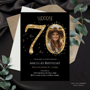 Convite Surpresa Preto e Dourado Brilho 70º Aniversário