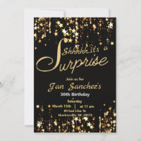 Convite surpresa preto e dourado com QR rsvp