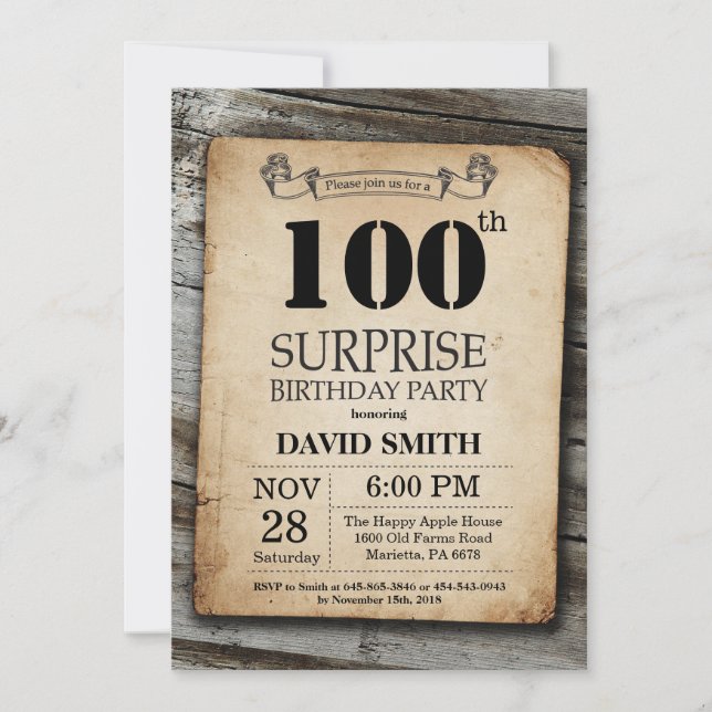 Convite Surpresa Rustic 100th Birthday Invitation Vintage (Frente)