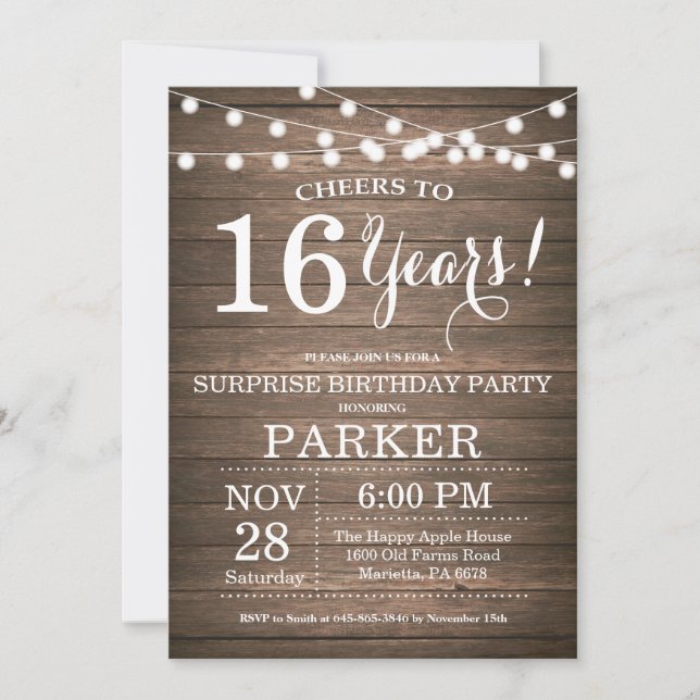 Convite Surpresa Rustic 16th Aniversário Invitation Wood (Frente)
