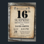 Convite Surpresa Rustic 16th Birthday Invitation Vintage<br><div class="desc">Surpresa Rustic 16º Convite de Aniversário com o Fundo Rustic Wood. Vintage Retro Country. Aniversário Adulto. Homens ou Mulheres Aniversário. Menino ou Menina Menina Menina Adolescente Convidam. 13 15 de 16º 18º 20 21rua 30 de 40º 50º 80 de 60º 70 de 100º. Qualquer Idade. Para mais personalização, clique no...</div>
