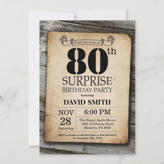 Convite Surpresa Rustic 80 Birthday Invitation Vintage (Frente)