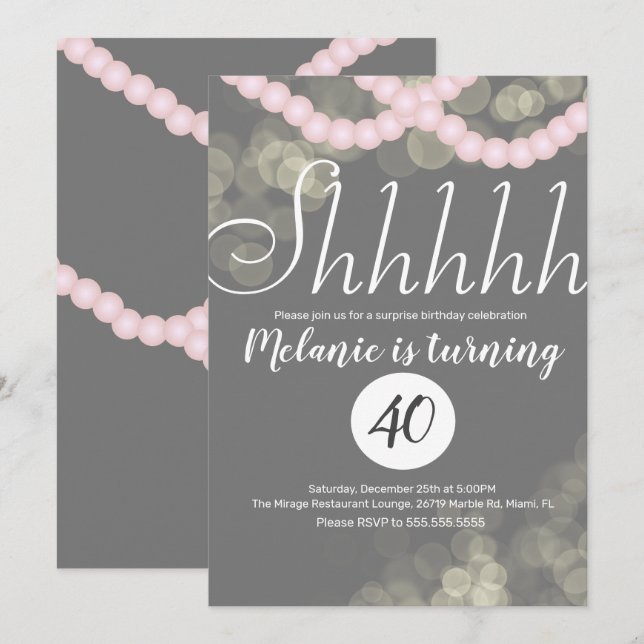 Convite Surpresa Shhhhhhh cor-de-rosa Festa de aniversário (Frente/Verso)