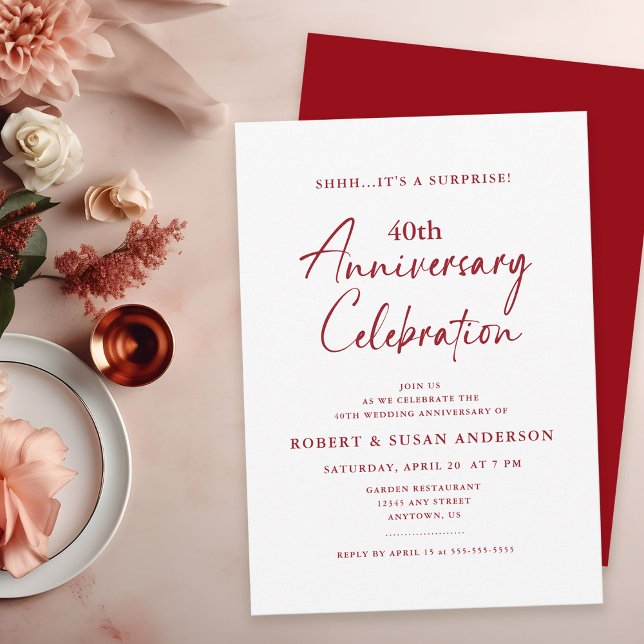 Convite Surpresa Simples 40º Aniversário de Casamento Ruby (Criador carregado)