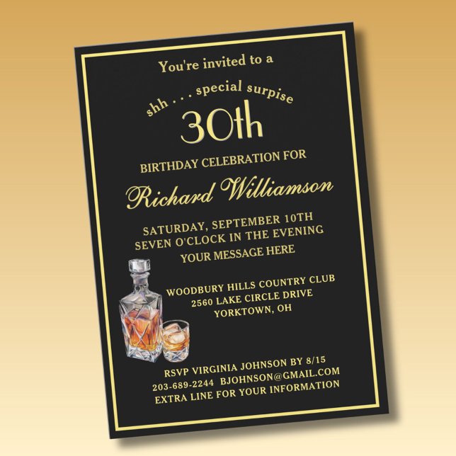 Convite SURPRISE 30th Birthday Party Classic Black Gold  (Criador carregado)