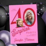 Convite Surprise 40 modern red pink 2 photo 40th birthday<br><div class="desc">Trendy bold typography women's 40th birthday surprise party invitation with 2 photos and modern red and pink design in retro style script. Easy to personalize with your text and pictures.     Digital download available, </div>
