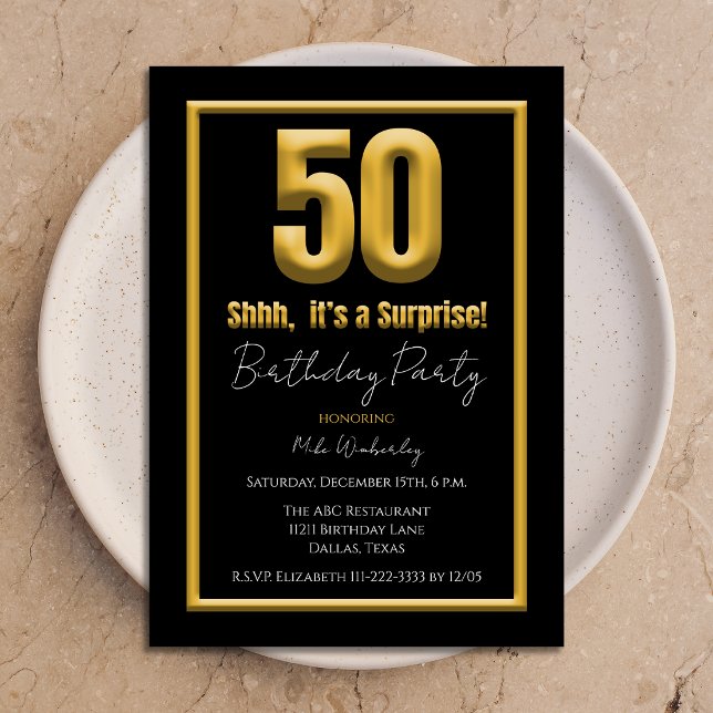 Convite Surprise 50th Birthday Party Gold and Black 50 (Criador carregado)