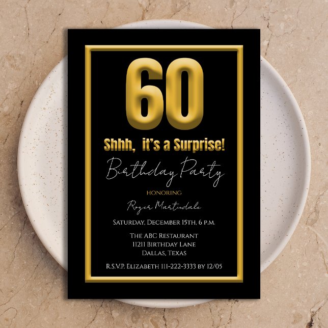 Convite Surprise 60th Birthday Party Bold Gold and Black  (Criador carregado)