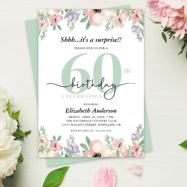 Convite Surprise 60th Birthday Party Elegant Pastel Floral (Criador carregado)