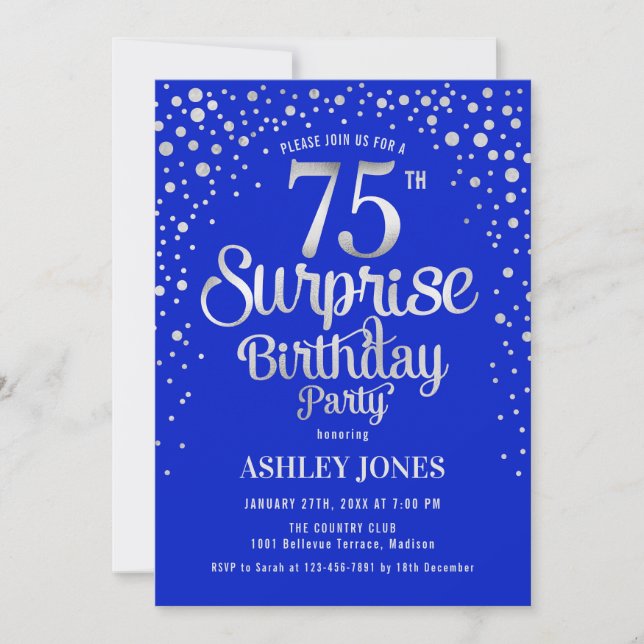 Convite Surprise 75th Birthday Party - Silver & Royal Blue (Frente)